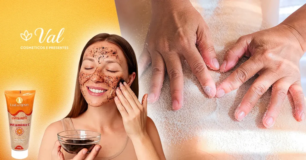 Mulher sorrindo enquanto aplica esfoliante facial de Vitamina C no rosto e, ao lado, duas mãos realizando uma esfoliação corporal nas costas. Inclui o tubo do produto Lua e Neve e o nome da loja que vende o produto, Val Cosméticos e Presentes.