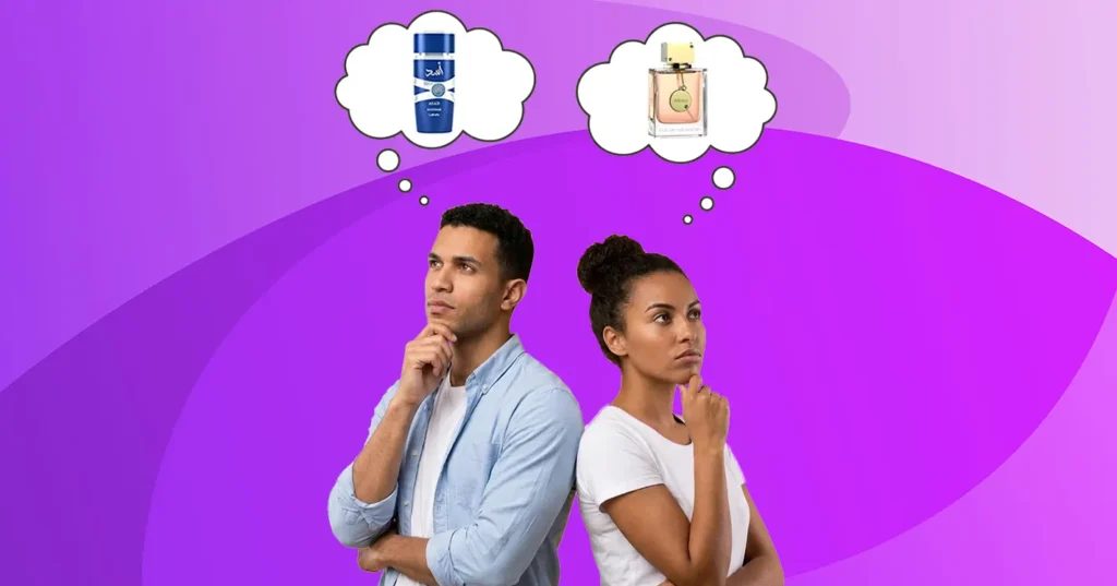 Homem e mulher pensando sobre perfumes árabes importados em Londrina, com destaque para as fragrâncias Lattafa Asad Zanzibar e Armaf Club de Nuit Woman Eau de Parfum.