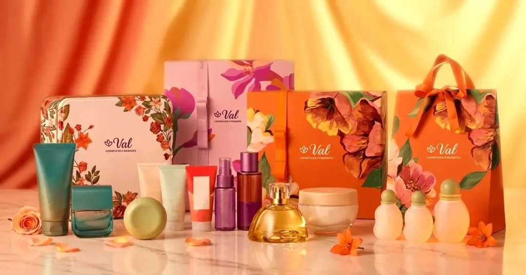 Diversas opções de kits de presentes, sacolas decoradas, caixas personalizadas, perfumes e hidratantes corporais da Val Cosméticos organizados sobre uma mesa em Londrina.