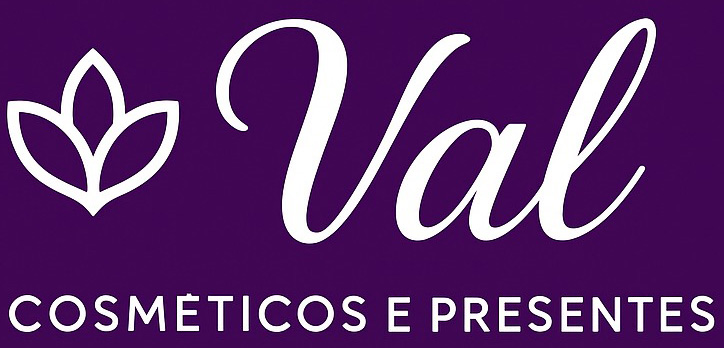 Logotipo em retângulo com fundo roxo e letras em branco da Val Cosméticos e Presentes - Loja de perfumaria e cosméticos para cuidados com beleza em Londrina PR.