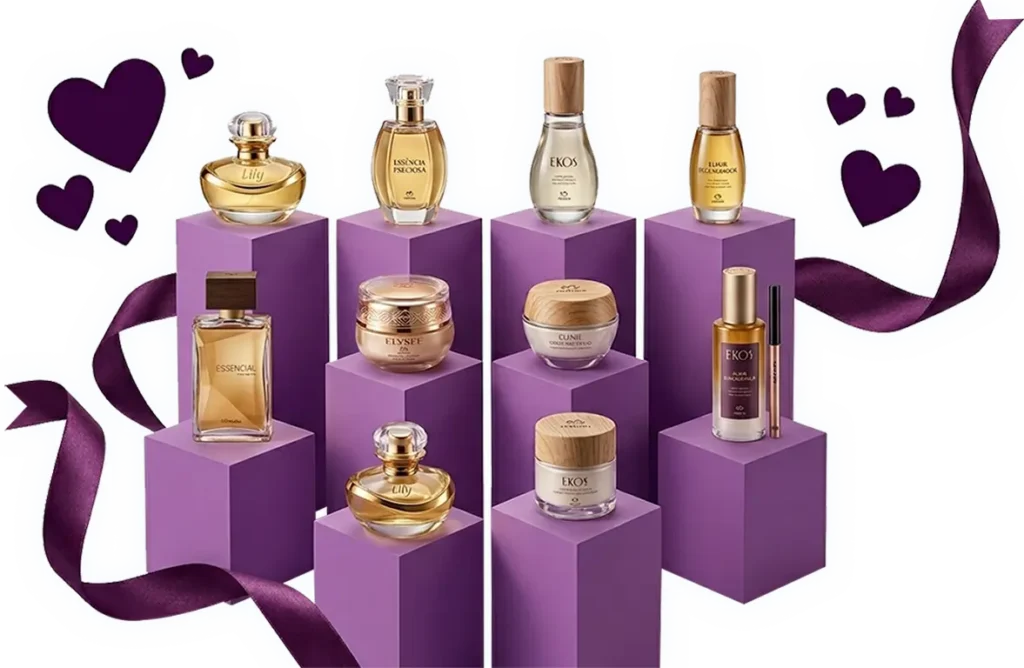 Seleção de perfumes e cosmeticos Natura O Boticário Lattafa em pedestais roxos para presente na Val Cosméticos Londrina.
