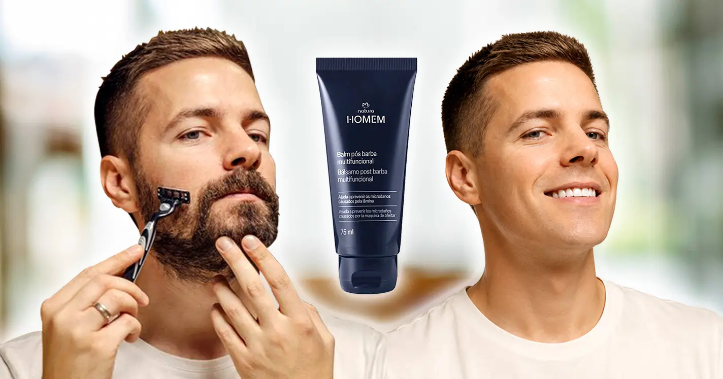 À esquerda, um homem com barba usa um aparelho de barbear no rosto. No centro, o tubo azul do Balm Pós-Barba Multifuncional Natura Homem de 75ml. À direita, o mesmo homem aparece sorrindo com o rosto totalmente barbeado e liso.